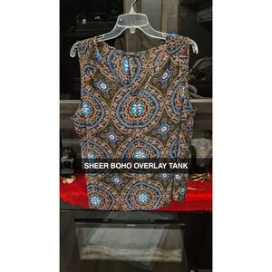 Fun 2 Fun‎ Boho Tank Top Sheer V-Neck Overlay Sleeveless Blouse Aztek 1XL 109